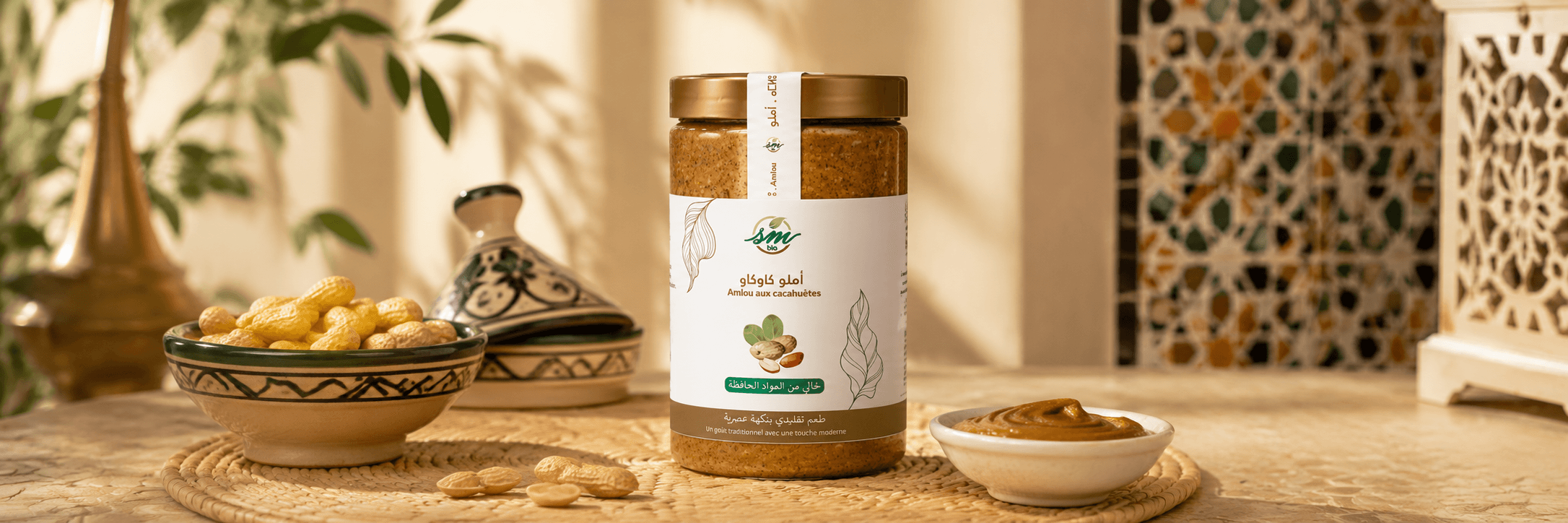Amlou marocain aux cacahuètes dans un décor traditionnel marocain